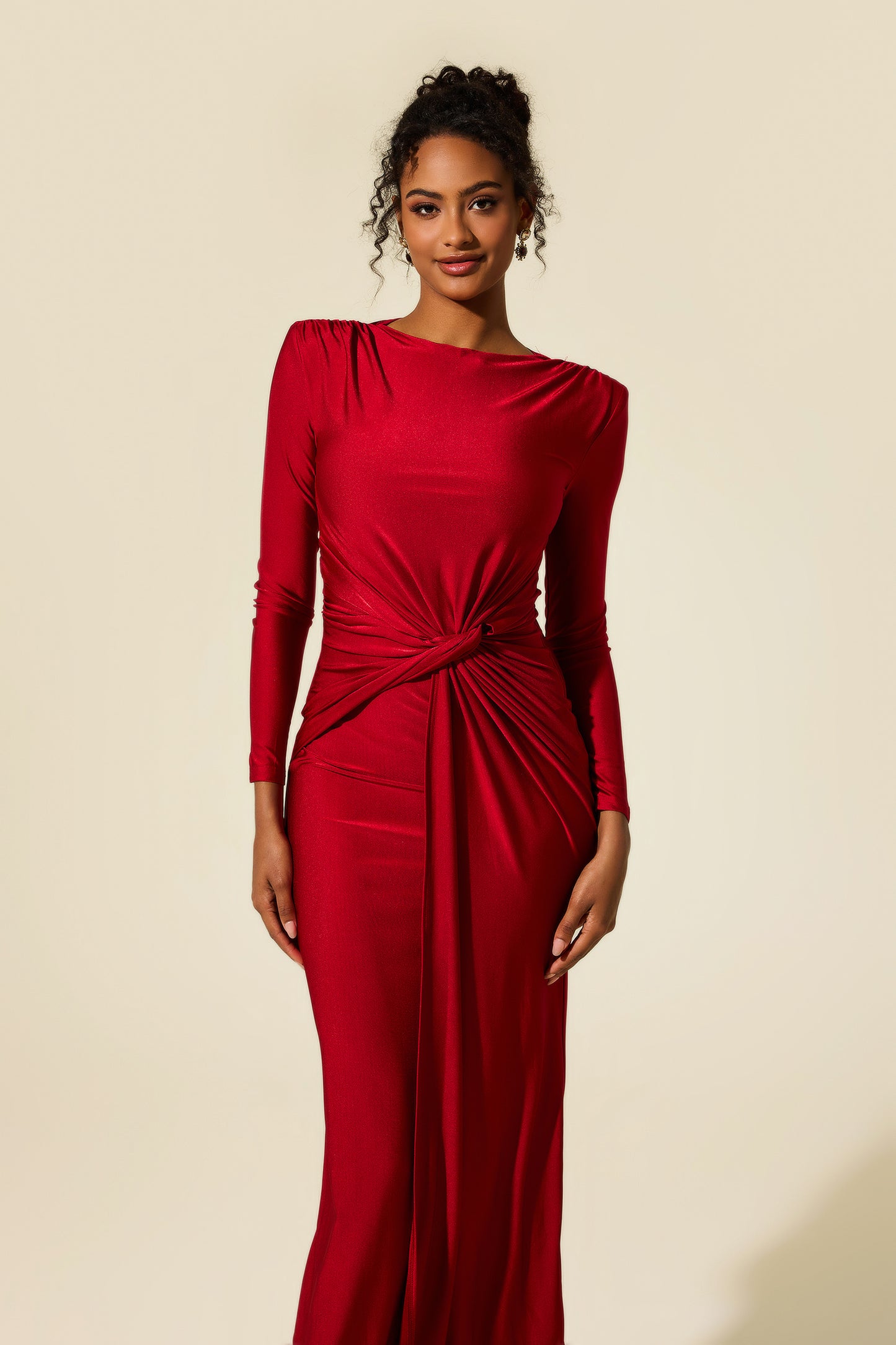 Jersey Solid Ruched Midi Dress