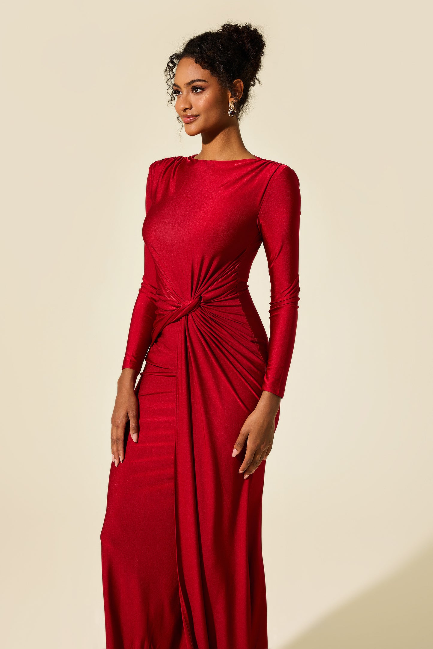 Jersey Solid Ruched Midi Dress