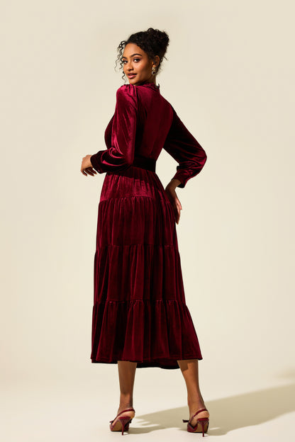 Embroidered Velvet Lantern Sleeve Midi Dress