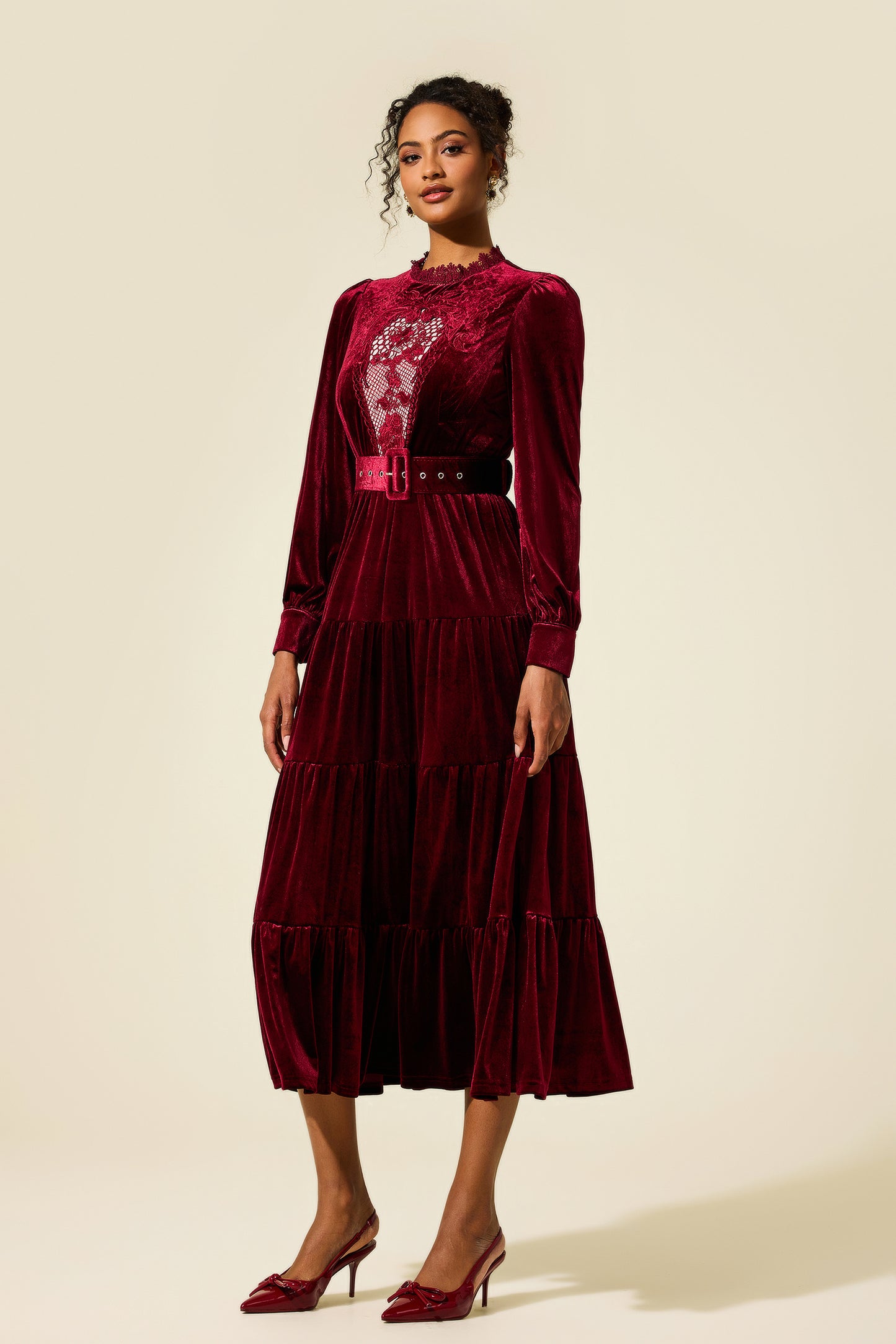 Embroidered Velvet Lantern Sleeve Midi Dress