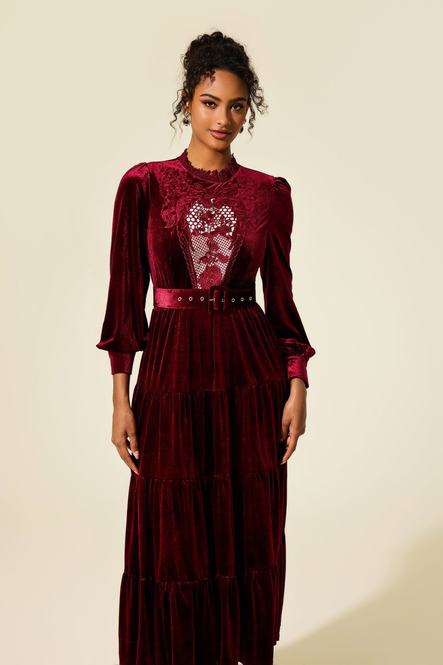 Embroidered Velvet Lantern Sleeve Midi Dress