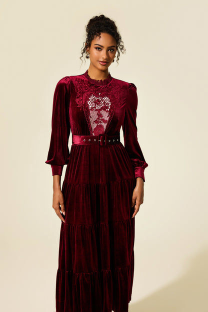 Embroidered Velvet Lantern Sleeve Midi Dress
