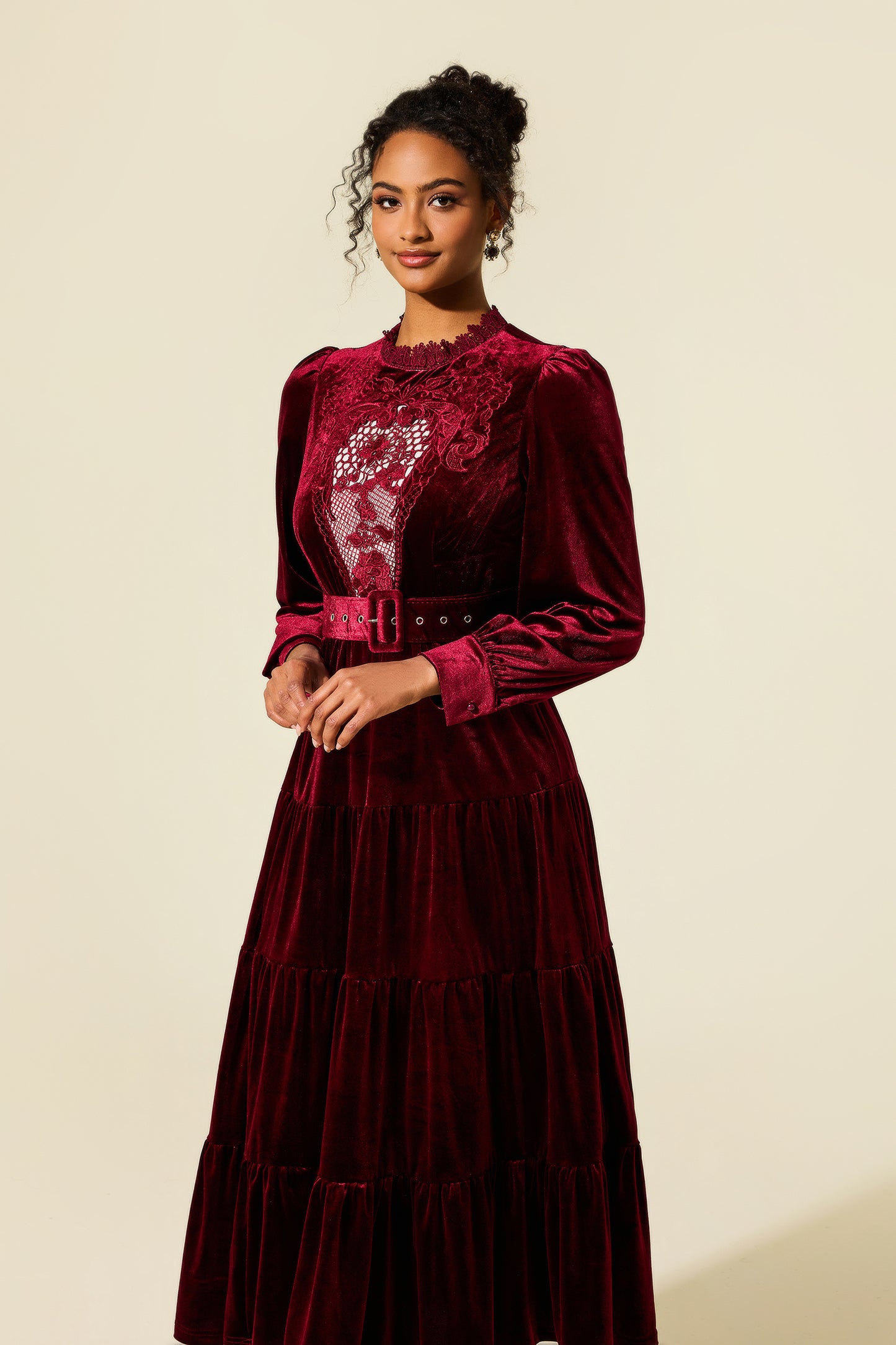 Embroidered Velvet Lantern Sleeve Midi Dress
