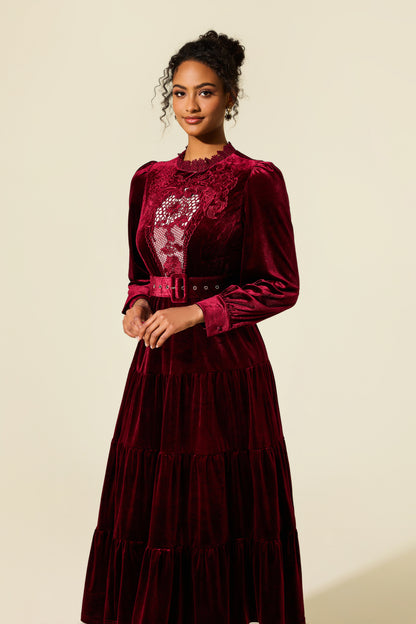 Embroidered Velvet Lantern Sleeve Midi Dress