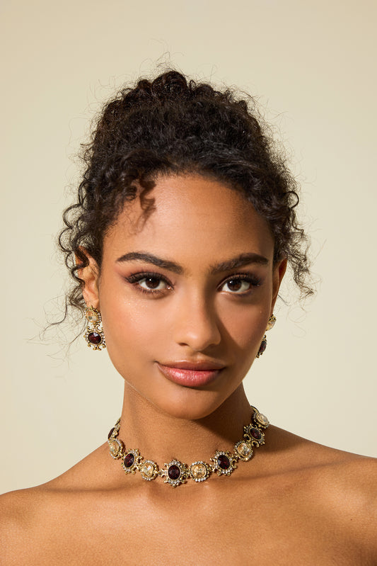 Imitation Gemstone Faux Diamond Choker & Stud Earrings Set