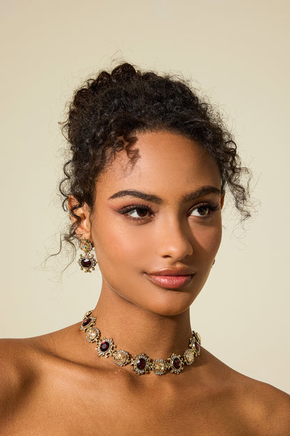 Imitation Gemstone Faux Diamond Choker & Stud Earrings Set