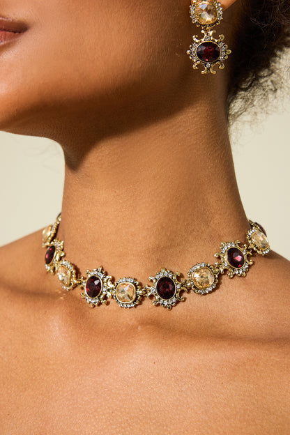 Imitation Gemstone Faux Diamond Choker & Stud Earrings Set