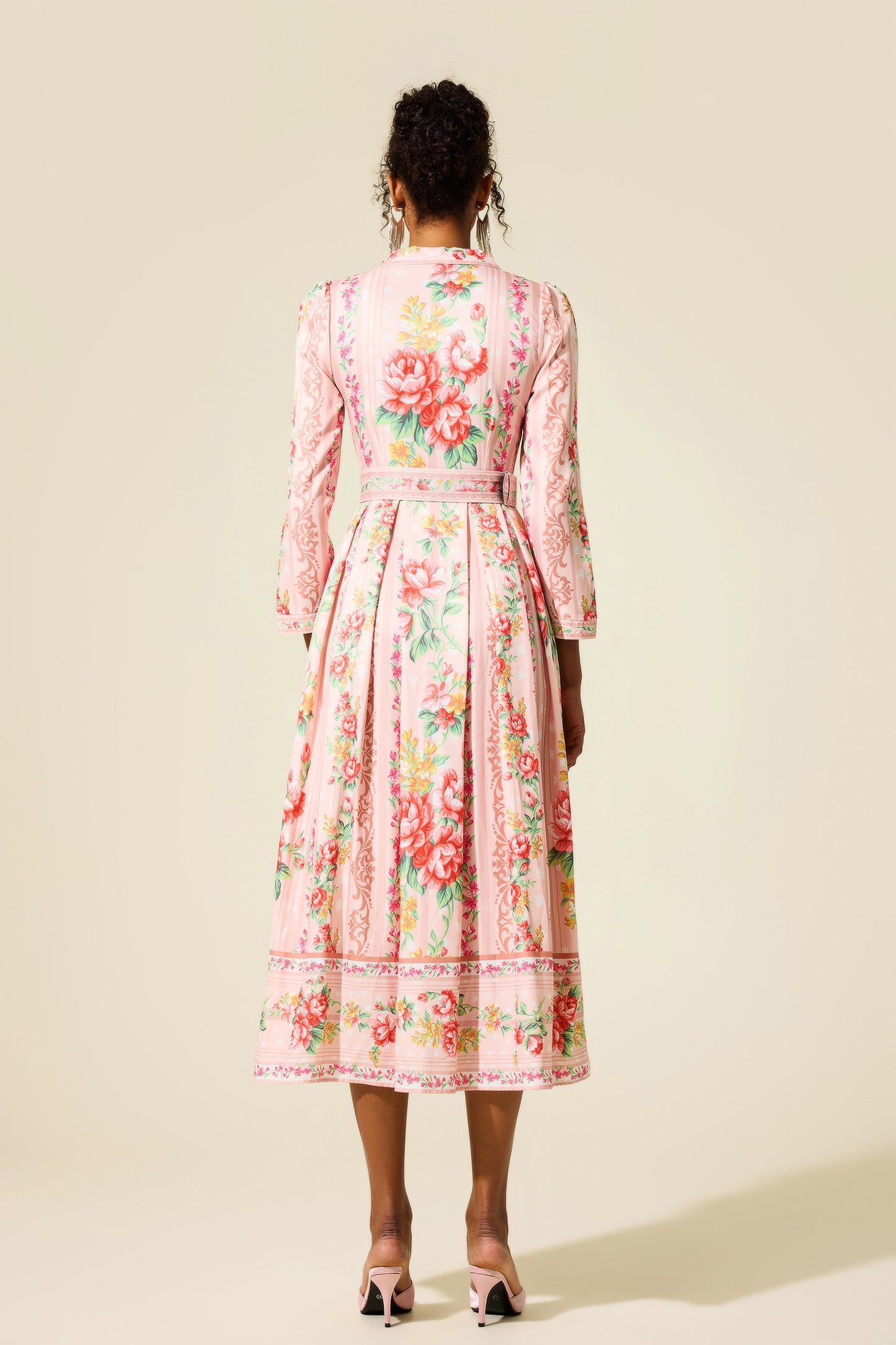 Floral Long Sleeve Midi Dress With Belt