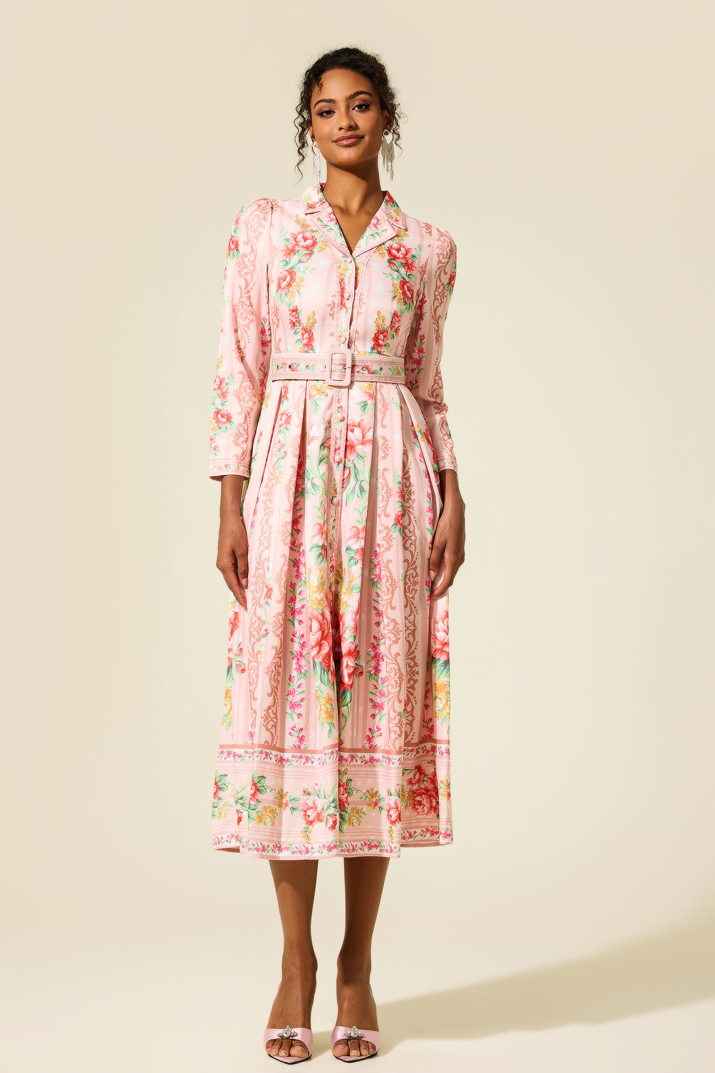 Floral Long Sleeve Midi Dress With Belt