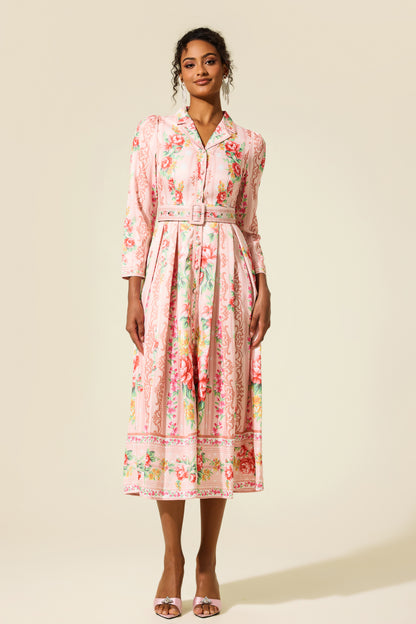 Floral Long Sleeve Midi Dress With Belt