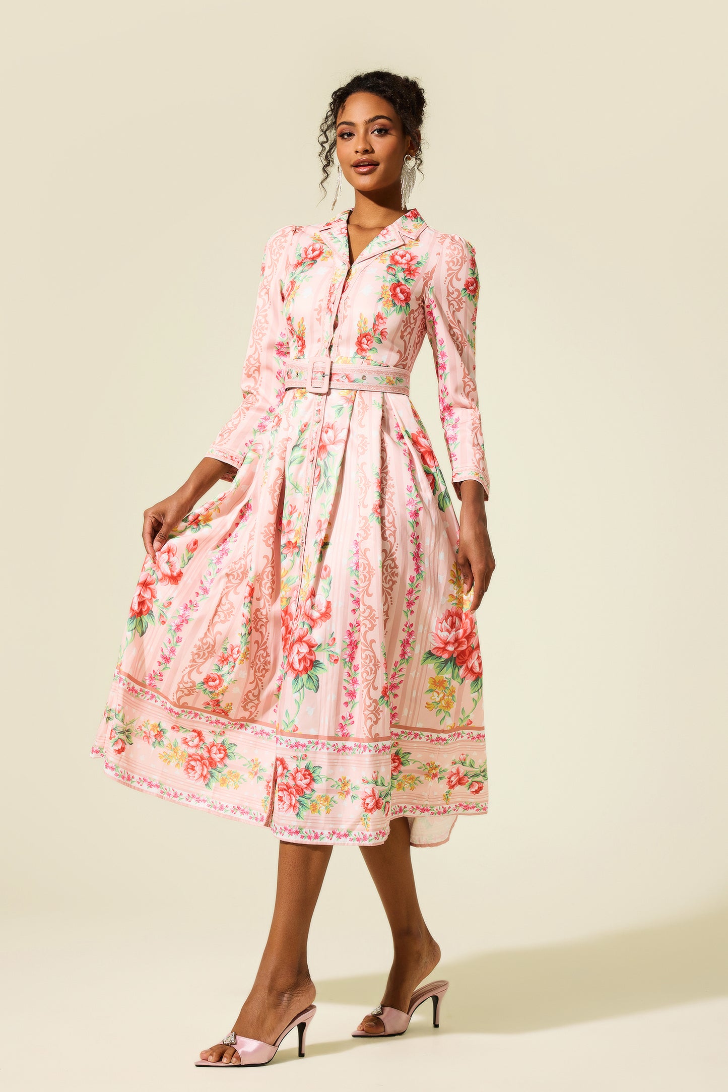 Floral Long Sleeve Midi Dress With Belt
