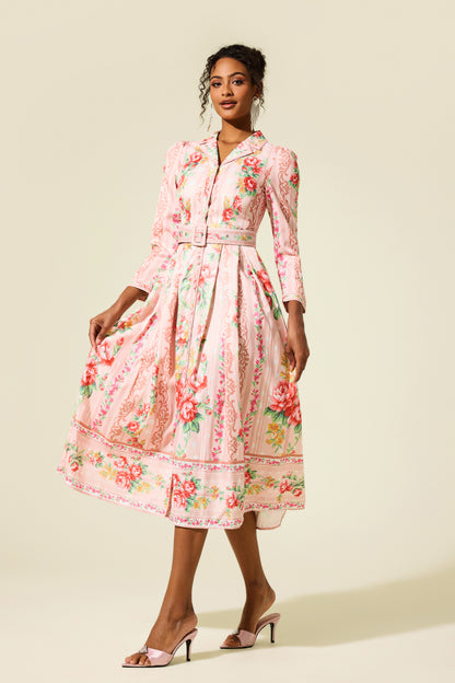 Floral Long Sleeve Midi Dress With Belt