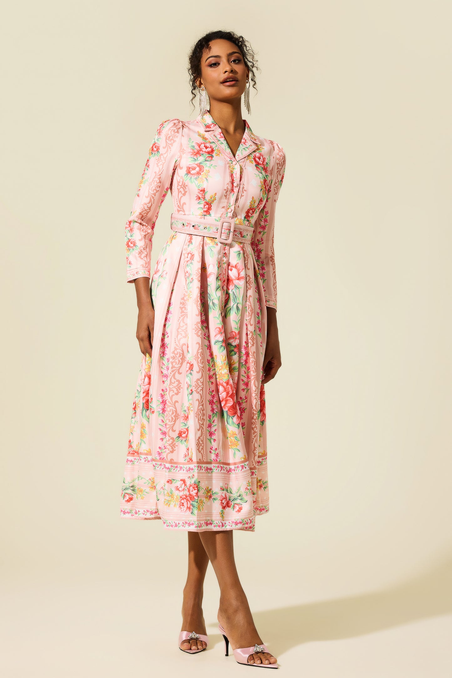 Floral Long Sleeve Midi Dress With Belt