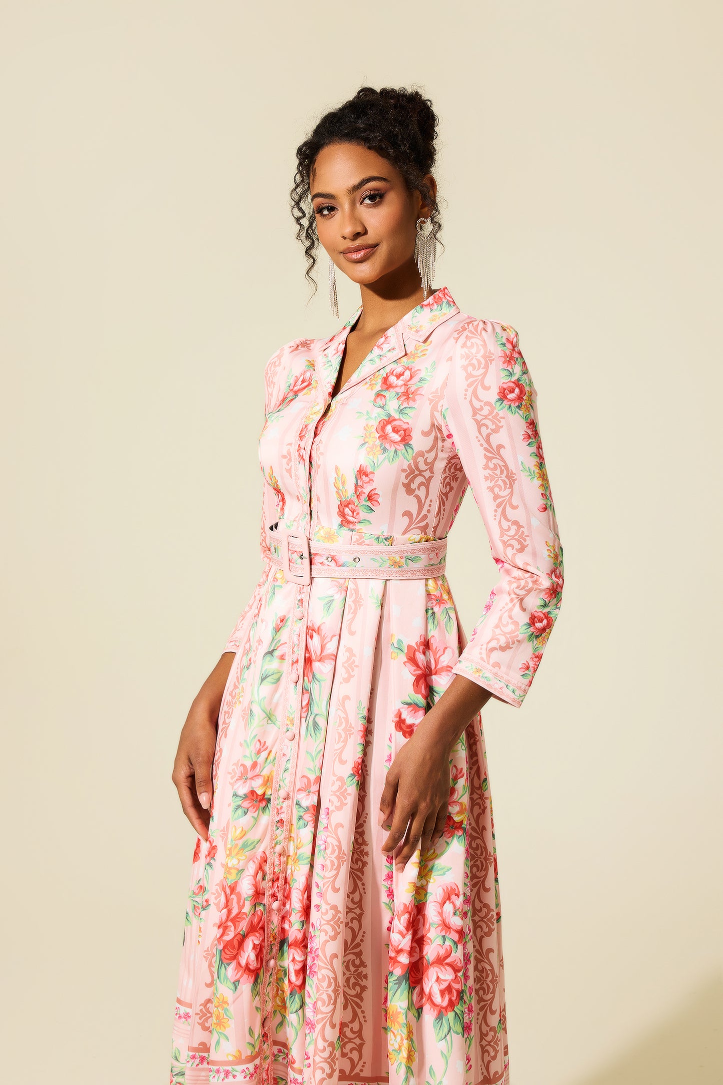 Floral Long Sleeve Midi Dress With Belt