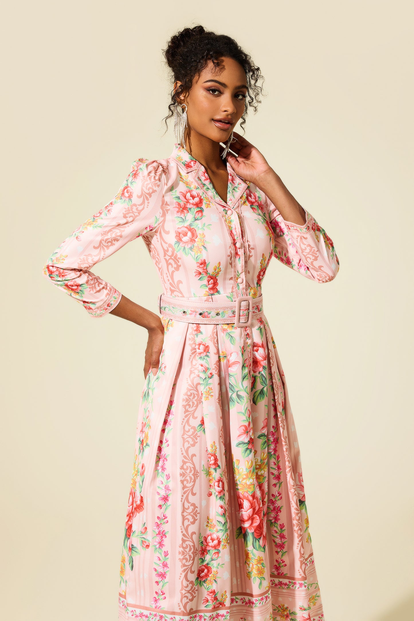 Floral Long Sleeve Midi Dress With Belt