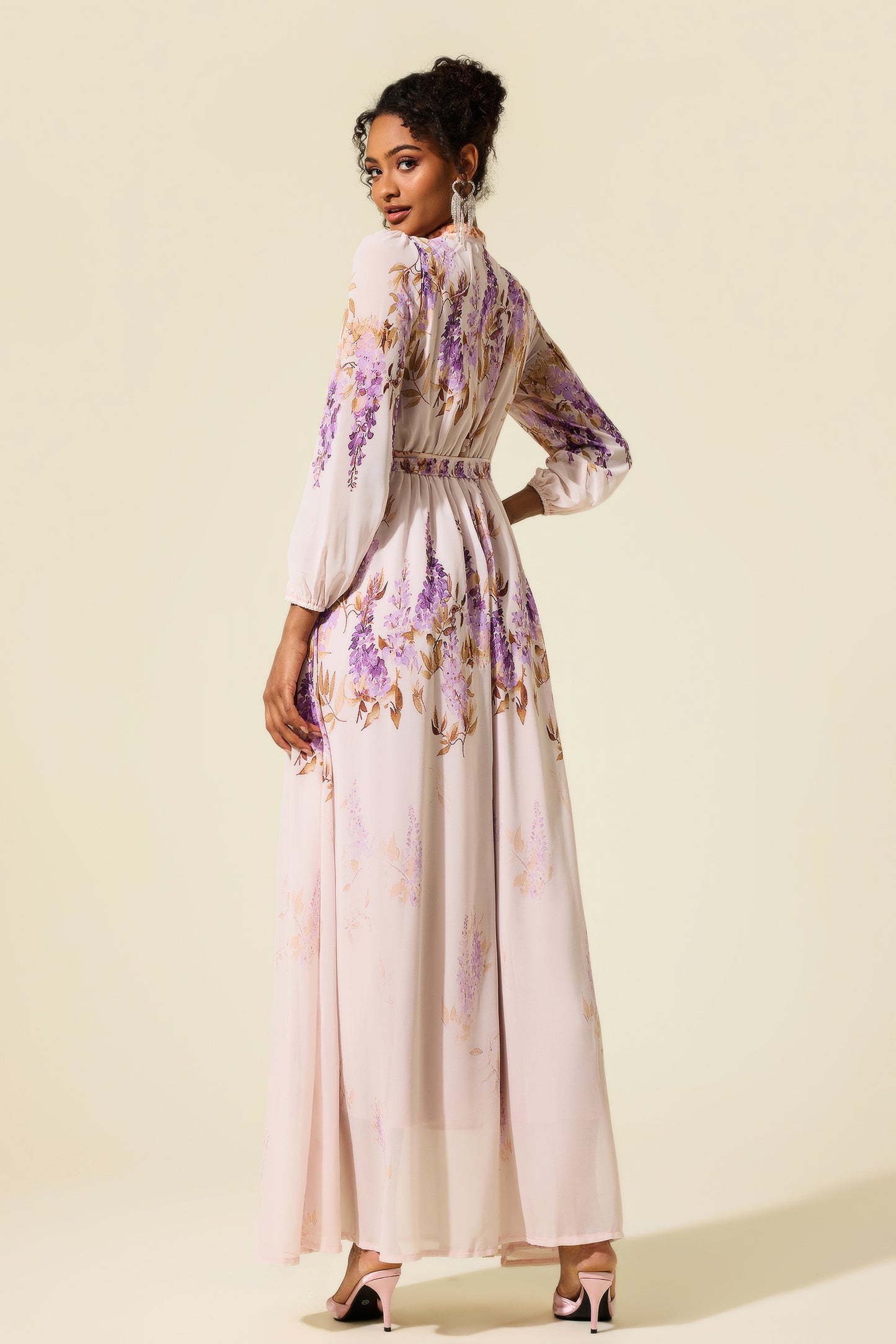 Floral Lantern Sleeve Maxi Dress With Belt