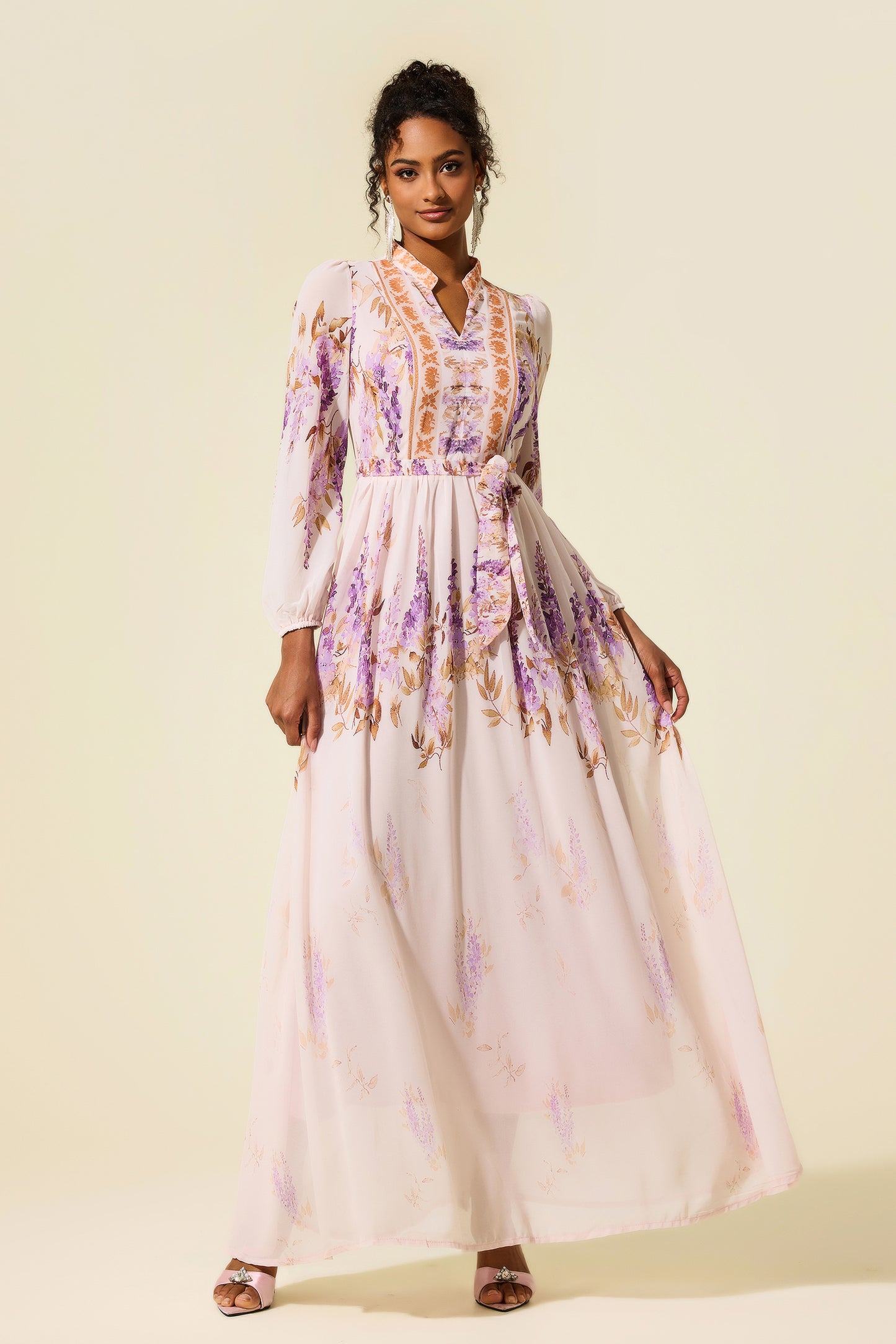 Floral Lantern Sleeve Maxi Dress With Belt