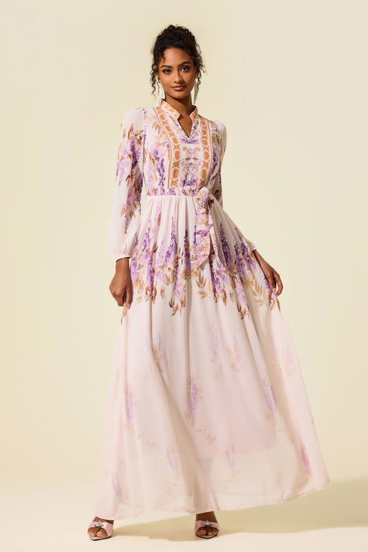 Floral Lantern Sleeve Maxi Dress With Belt