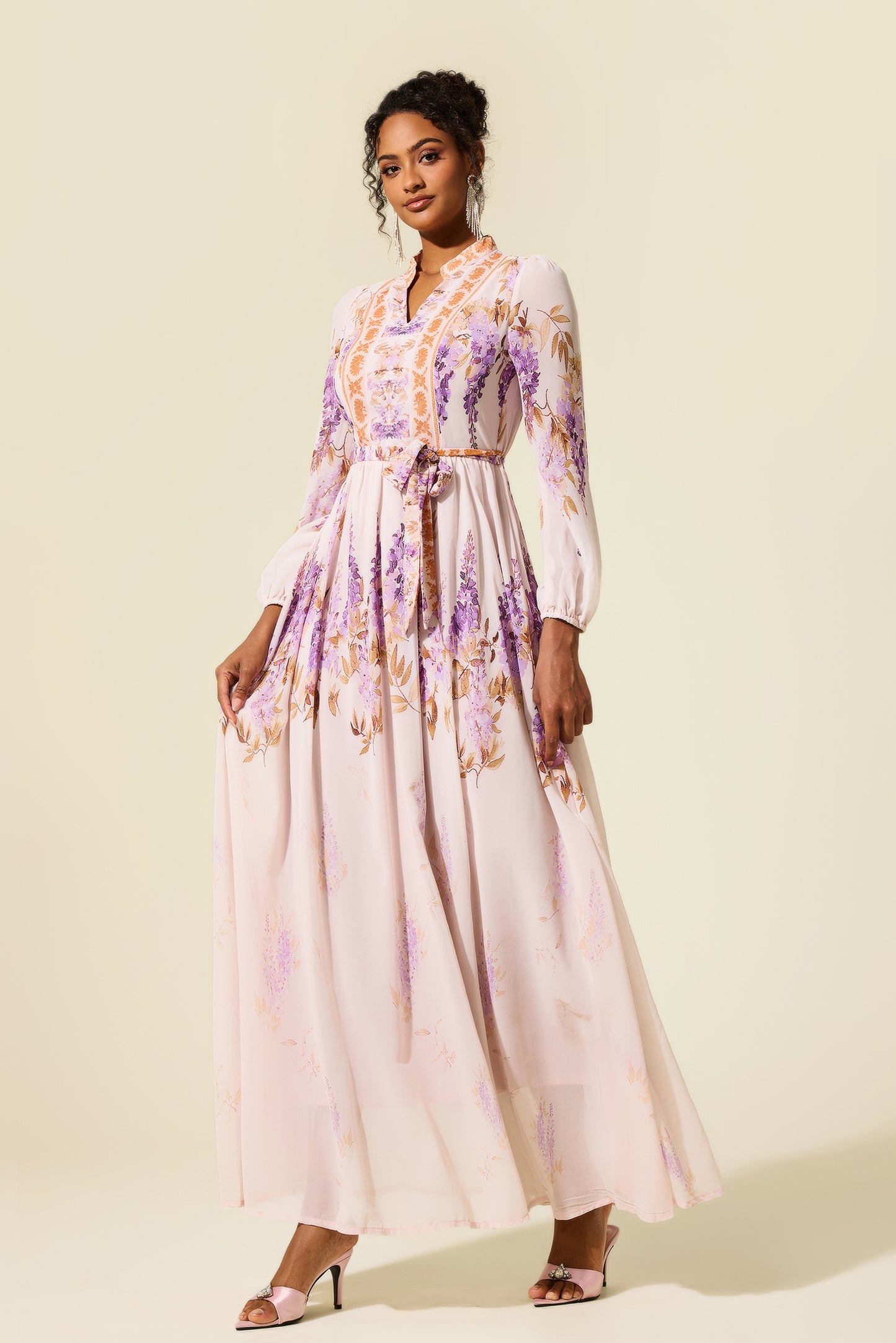Floral Lantern Sleeve Maxi Dress With Belt