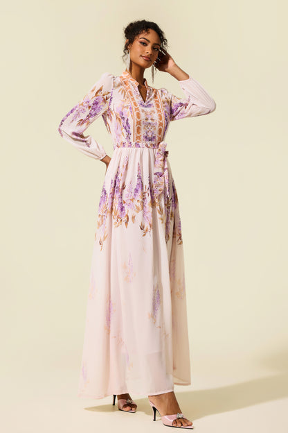 Floral Lantern Sleeve Maxi Dress With Belt