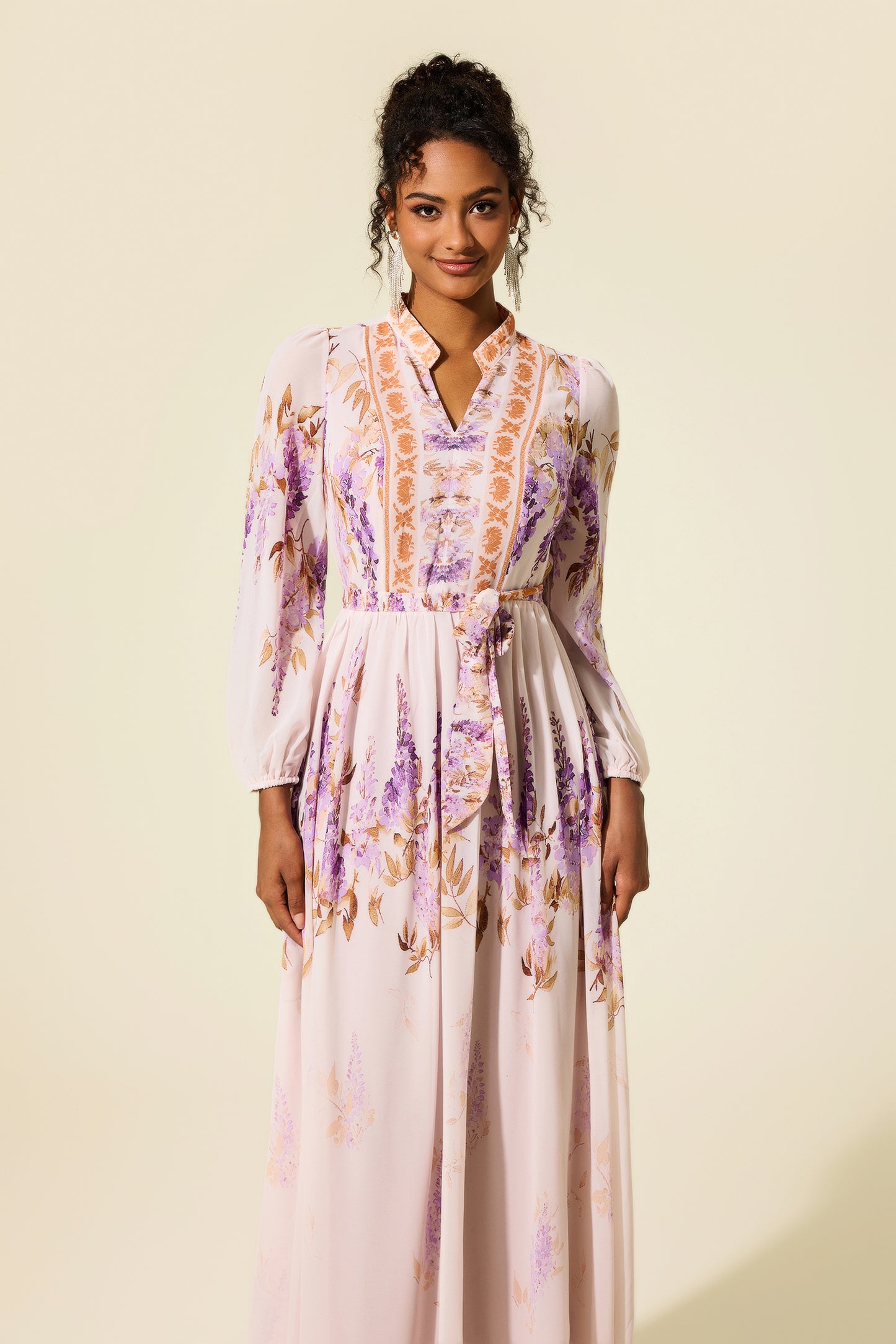 Floral Lantern Sleeve Maxi Dress With Belt