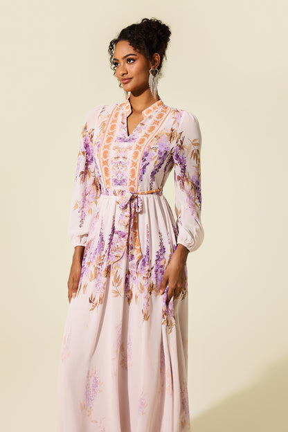 Floral Lantern Sleeve Maxi Dress With Belt