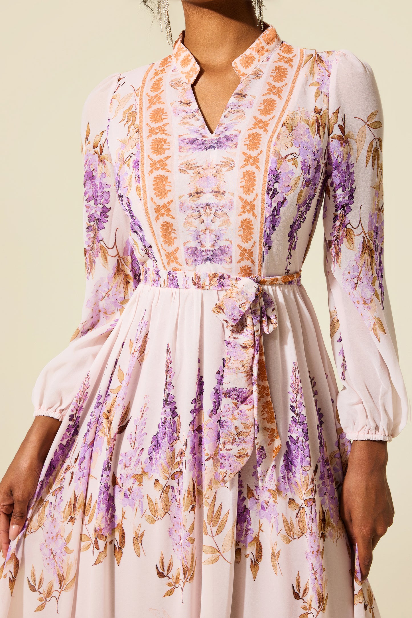 Floral Lantern Sleeve Maxi Dress With Belt