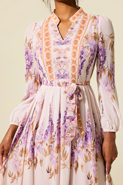 Floral Lantern Sleeve Maxi Dress With Belt