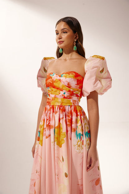 Audrey Floral Printed Off-shoulder Midi Dress