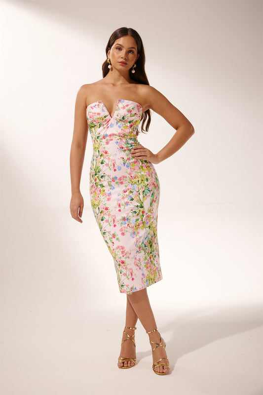 Karen Floral Printed Strapless Midi Dress