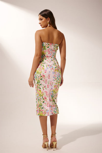 Karen Floral Printed Strapless Midi Dress
