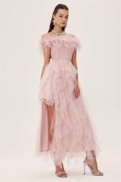 Elaine Feather Corset Maxi Tulle Dress