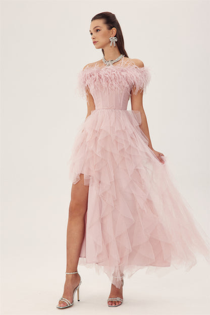 Elaine Feather Corset Maxi Tulle Dress