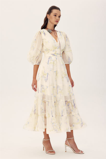 Stephanie Birds Printed V-neck Midi Dress