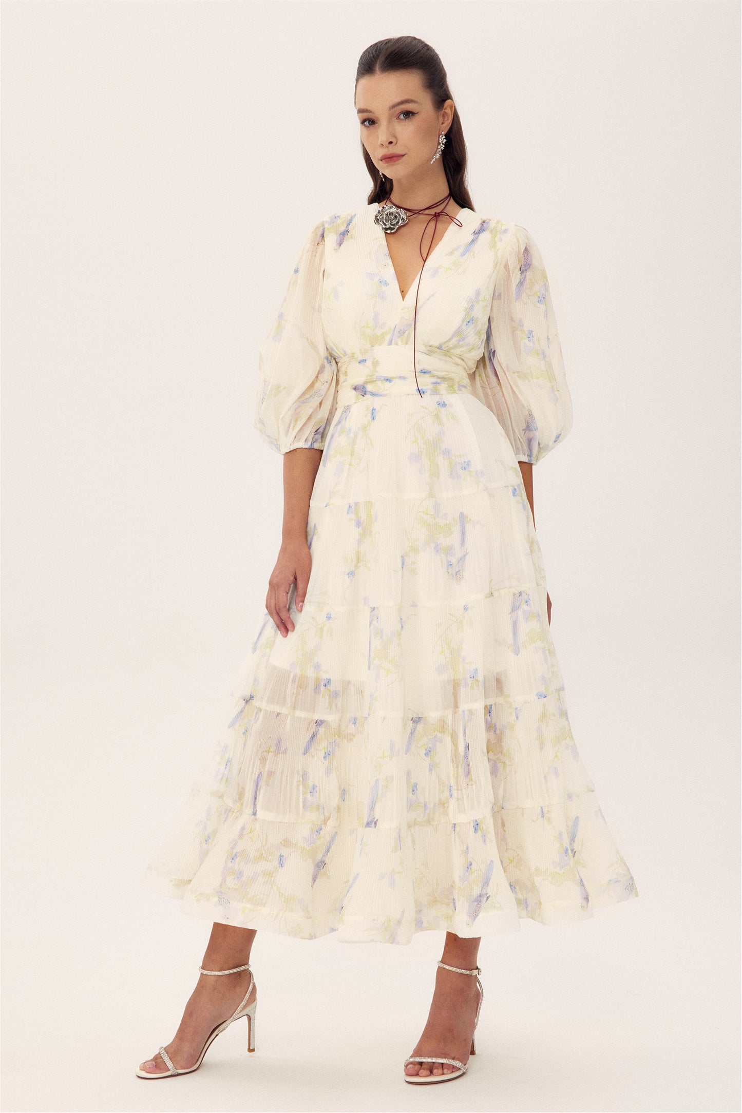 Stephanie Birds Printed V-neck Midi Dress