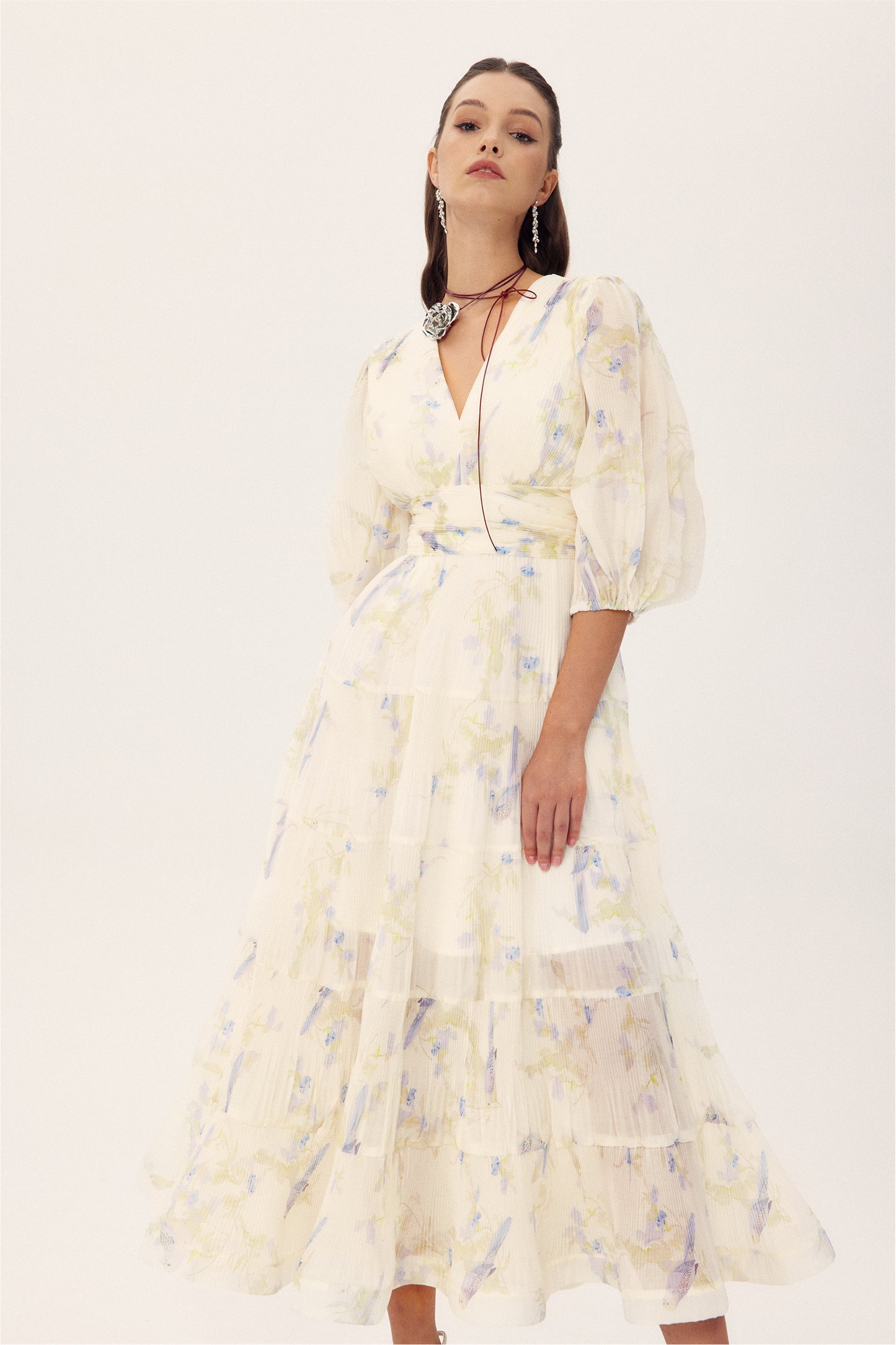 Stephanie Birds Printed V-neck Midi Dress