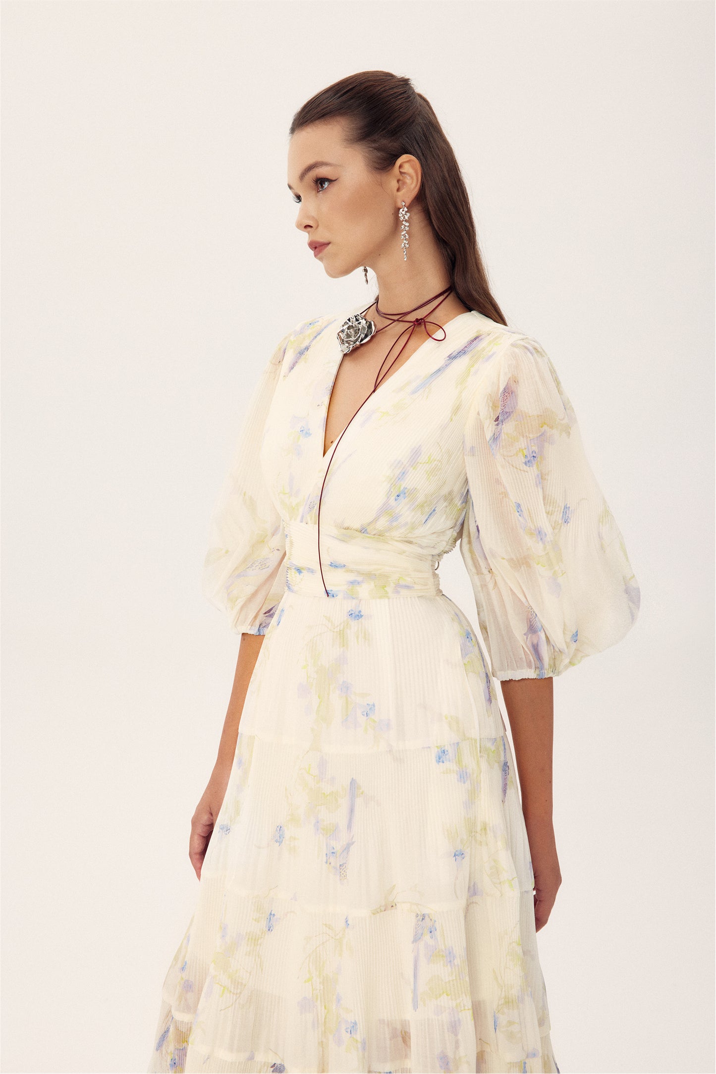 Stephanie Birds Printed V-neck Midi Dress