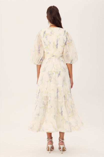 Stephanie Birds Printed V-neck Midi Dress