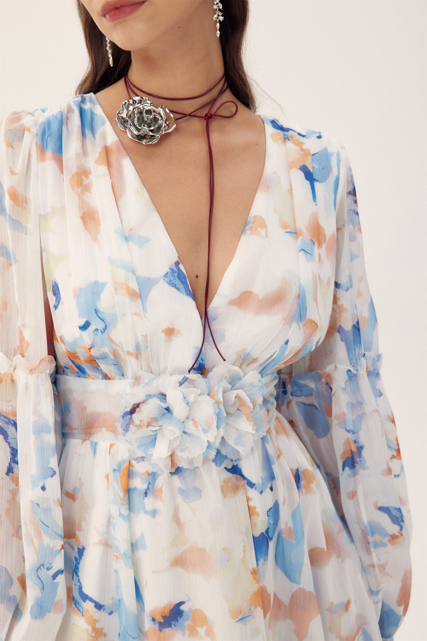 Shirley Printed V-neck Midi Chiffon Dress
