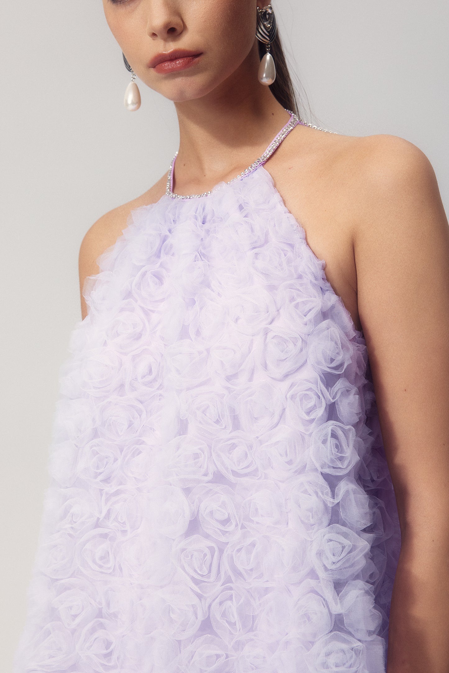 Michaelia Floral Applique Halter Mini Mesh Dress