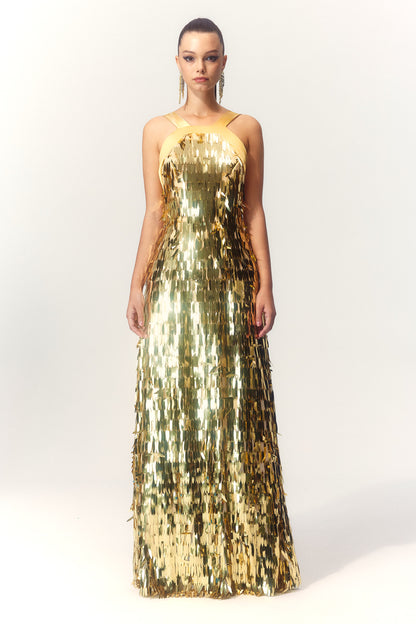 Geraldine Halter Backless Sequin Maxi Dress