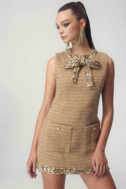 Renee Sequins Bow Tweed Mini Dress