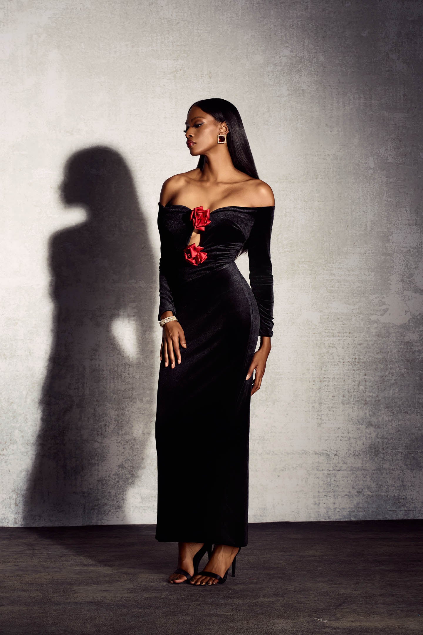 Lillian Off Shoulder Cutout Velvet Maxi Dress