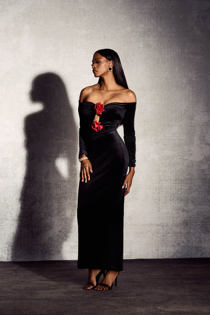 Lillian Off Shoulder Cutout Velvet Maxi Dress