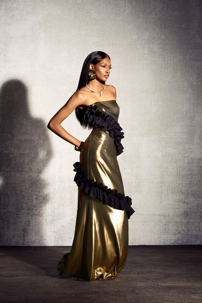 Alma Metallic Strapless Ruffle Maxi Dress