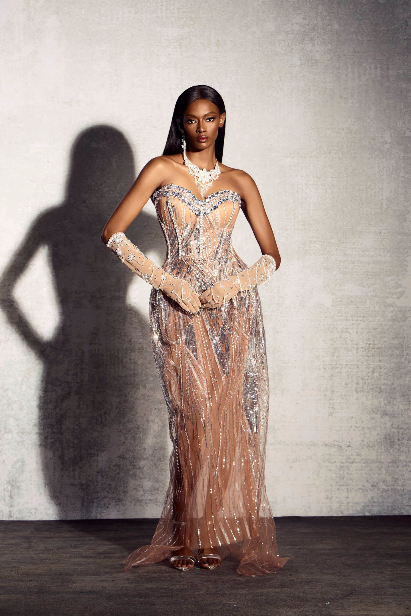 Elaine Diamond Embellished Corset Sheer Maxi Dress