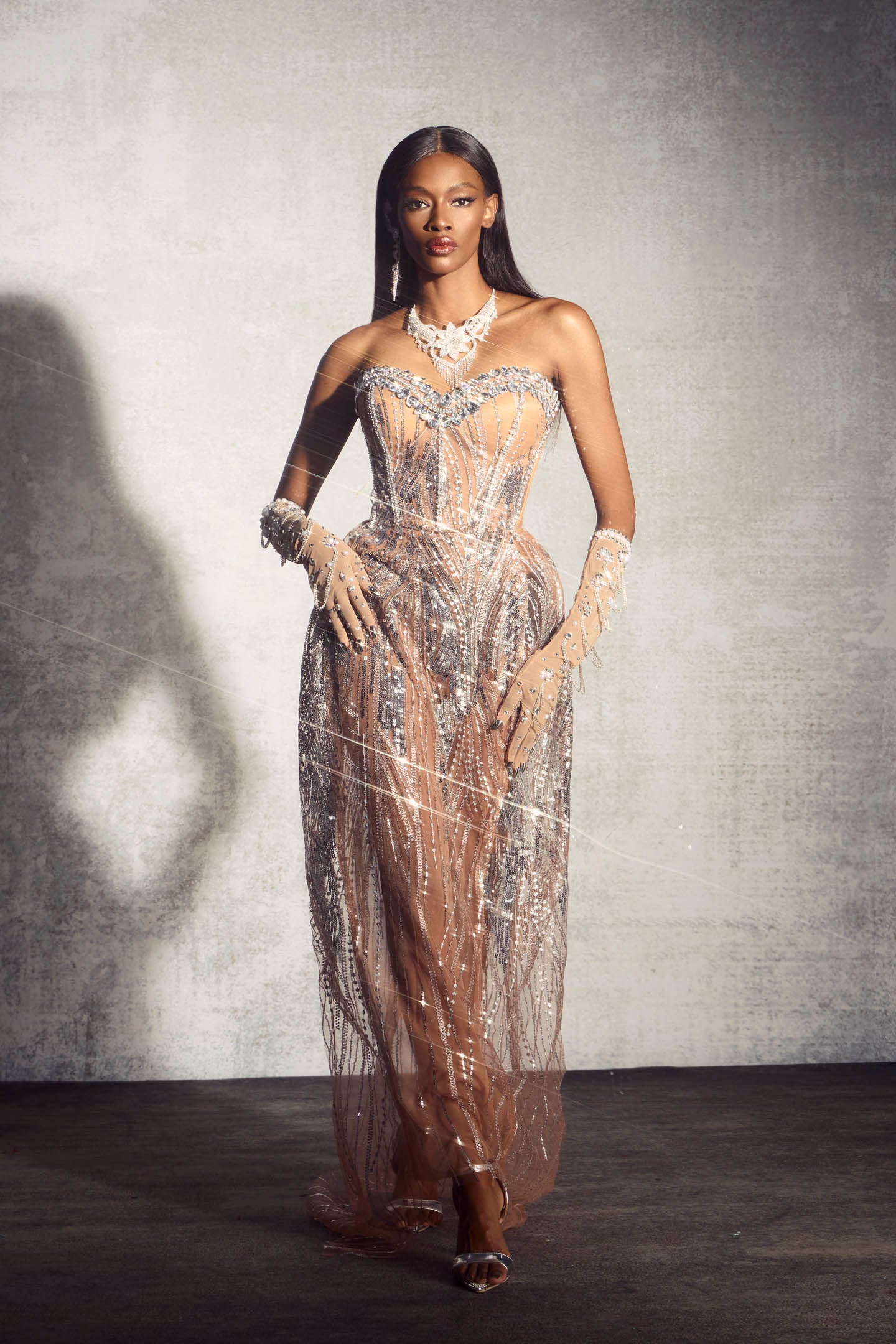 Elaine Diamond Embellished Corset Sheer Maxi Dress