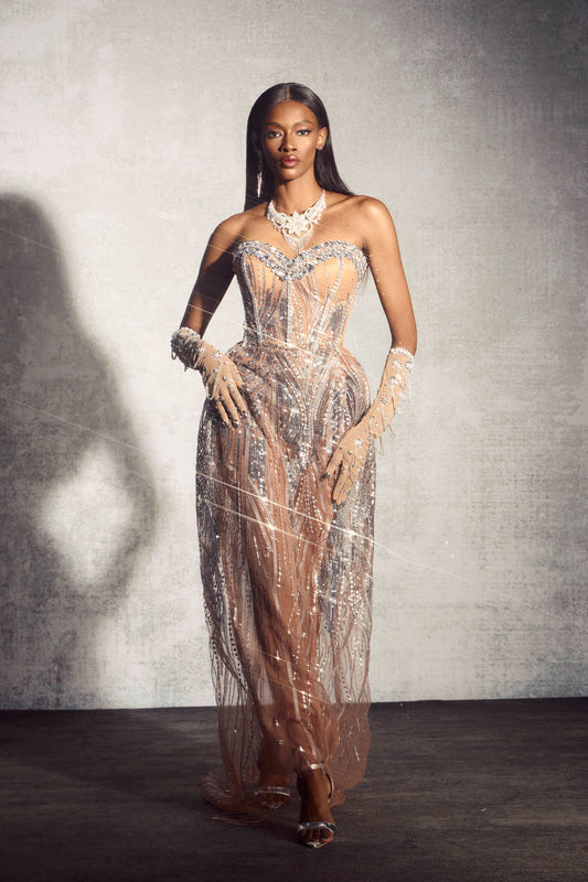 Elaine Diamond Embellished Corset Sheer Maxi Dress