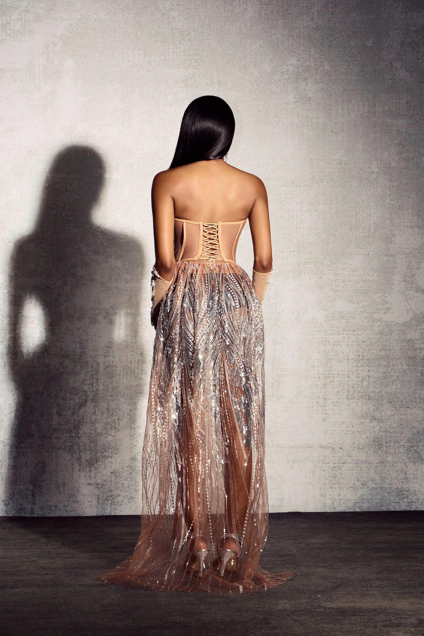 Elaine Diamond Embellished Corset Sheer Maxi Dress