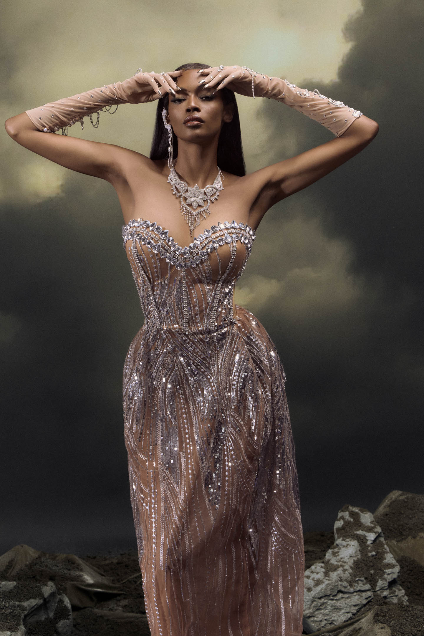 Elaine Diamond Embellished Corset Sheer Maxi Dress